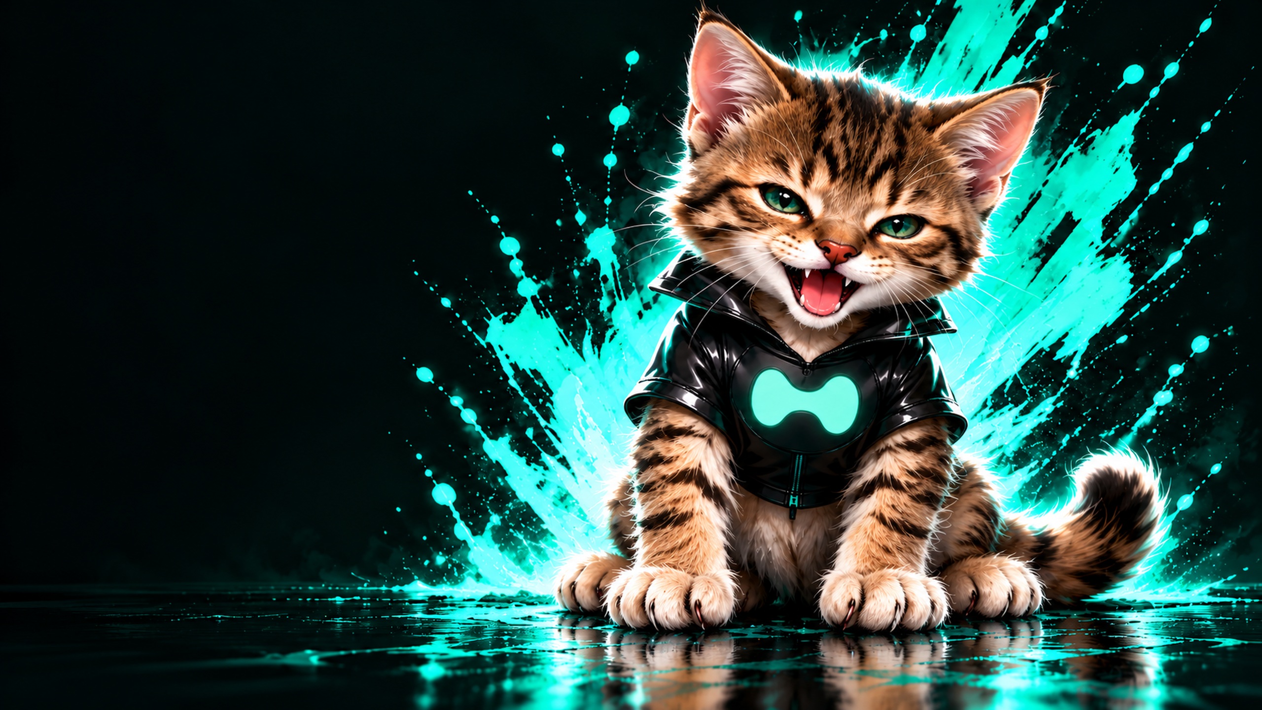 TYGR in his glossy black Hype costume, sitting in a mint liquid explosion